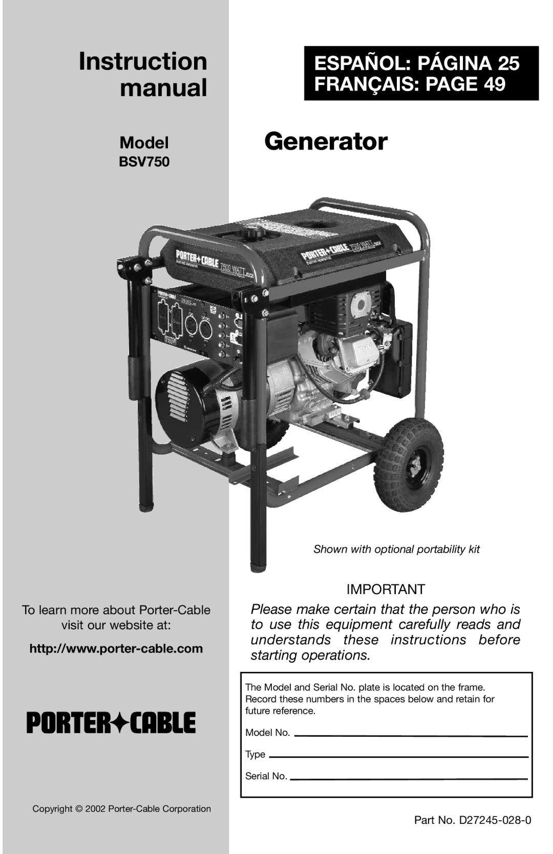 Porter-Cable D27245-028-0 instruction manual Generator 