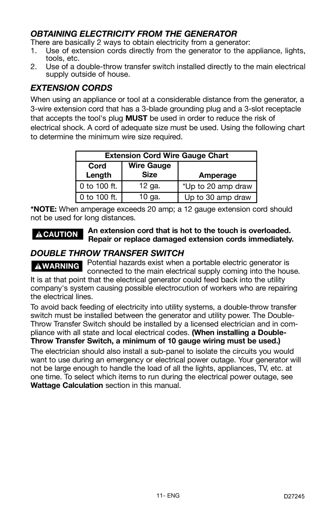 Porter-Cable D27245-028-0 Obtaining Electricity from the Generator, Extension Cords, Double Throw Transfer Switch 