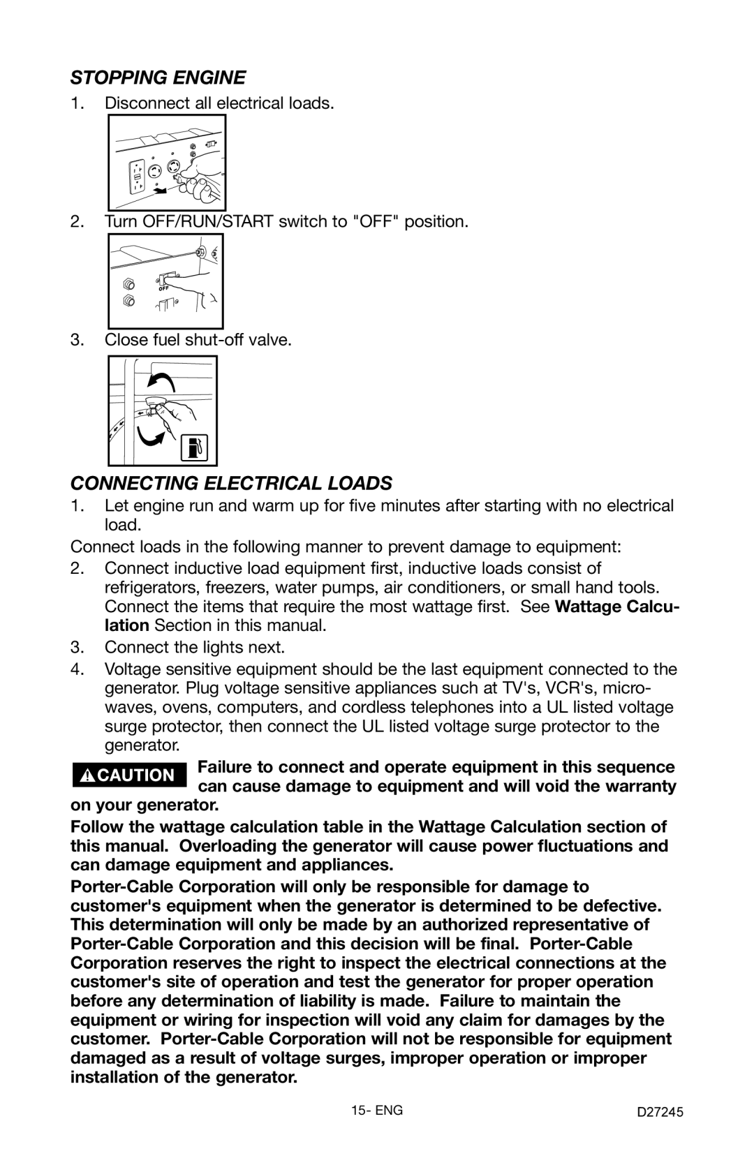 Porter-Cable D27245-028-0 instruction manual Stopping Engine, Connecting Electrical Loads 