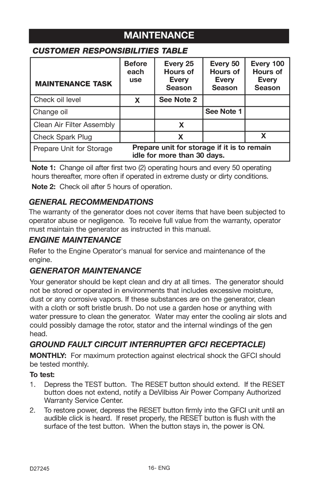 Porter-Cable D27245-028-0 instruction manual Maintenance 