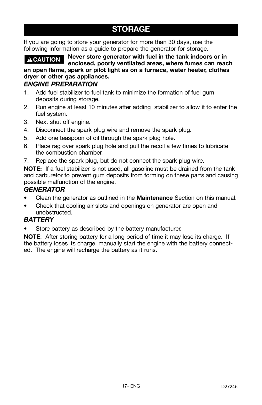 Porter-Cable D27245-028-0 instruction manual Storage, Engine Preparation, Generator, Battery 