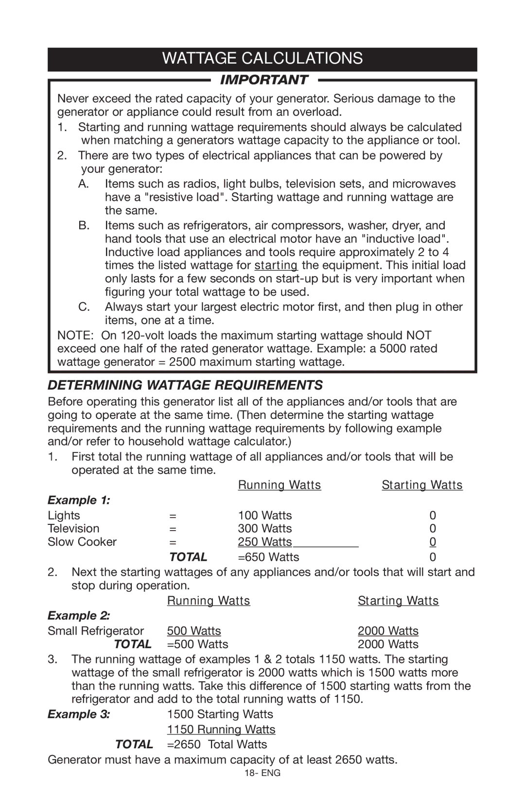 Porter-Cable D27245-028-0 Wattage Calculations, Determining Wattage Requirements, Running Watts Starting Watts 