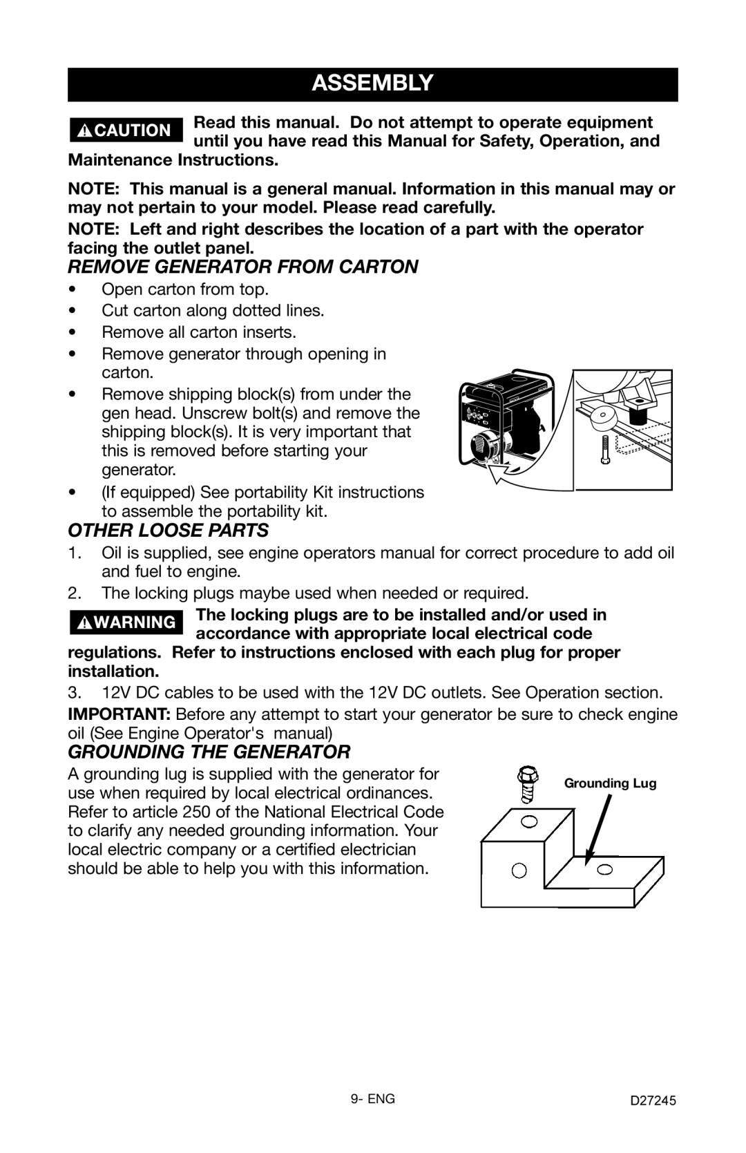 Porter-Cable D27245-028-0 Assembly, Remove Generator from Carton, Other Loose Parts, Grounding the Generator 