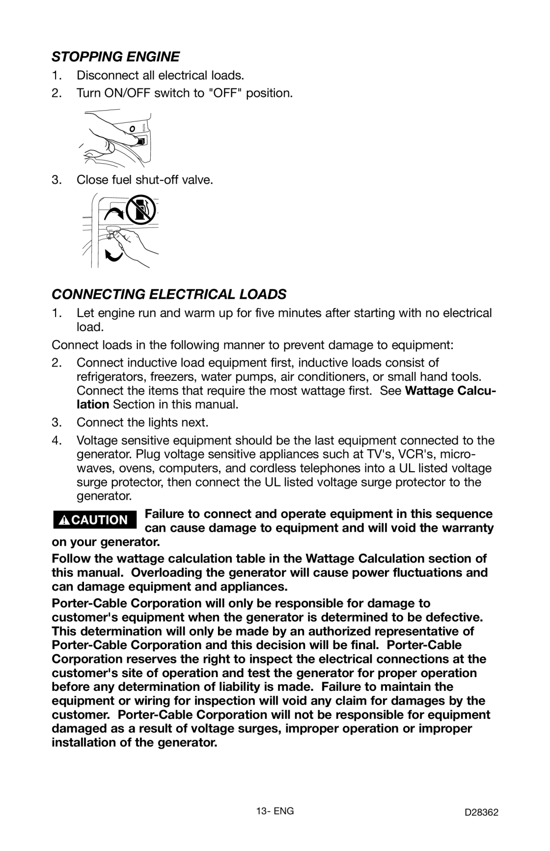 Porter-Cable D28362-031-0 instruction manual Stopping Engine, Connecting Electrical Loads 