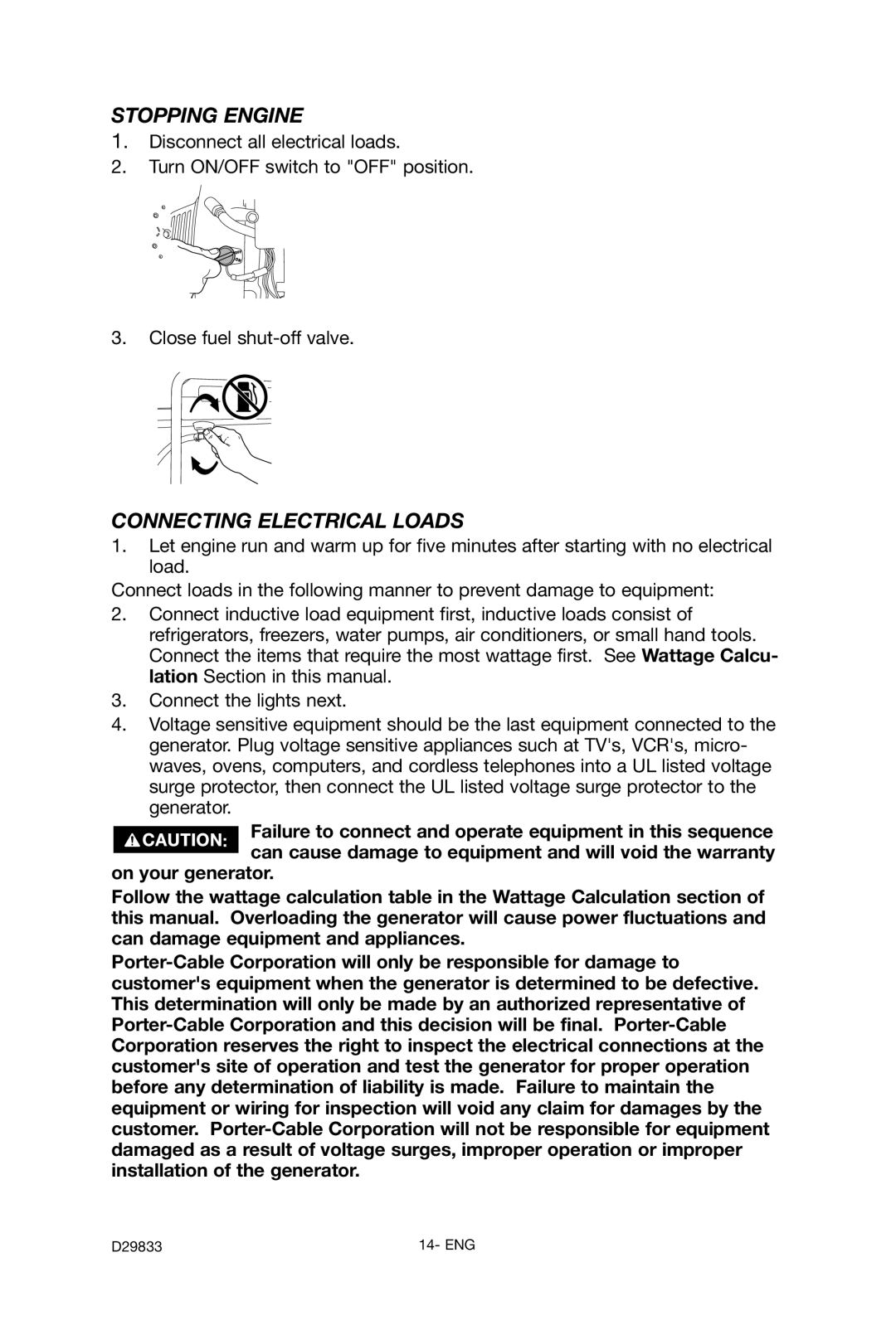 Porter-Cable D29833-038-0 instruction manual Stopping Engine, Connecting Electrical Loads 