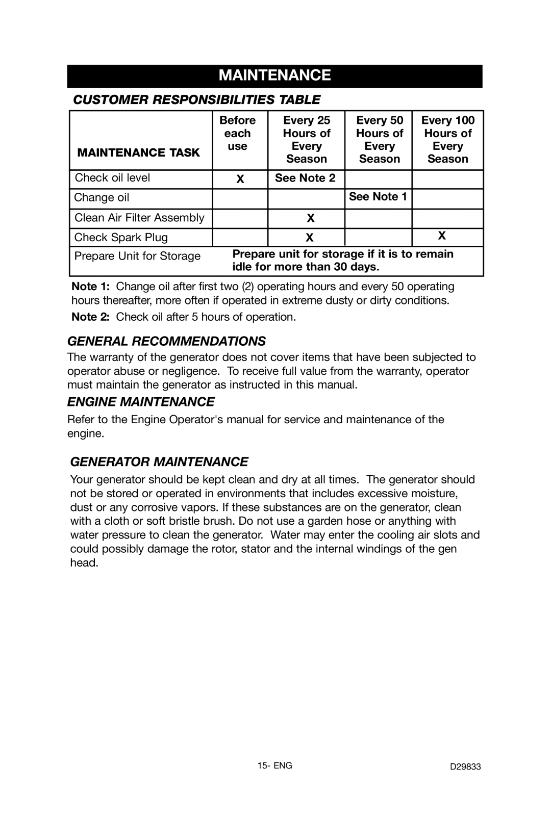 Porter-Cable D29833-038-0 Customer Responsibilities Table, General Recommendations, Engine Maintenance 