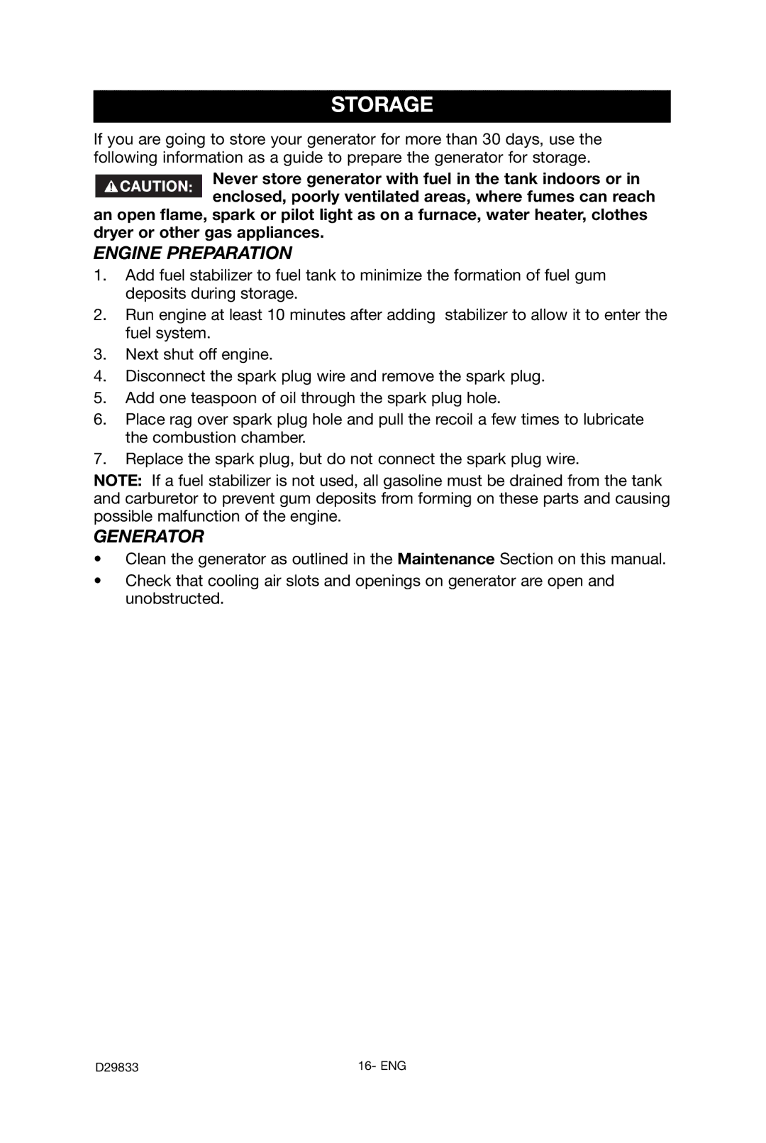 Porter-Cable D29833-038-0 instruction manual Storage, Engine Preparation, Generator 