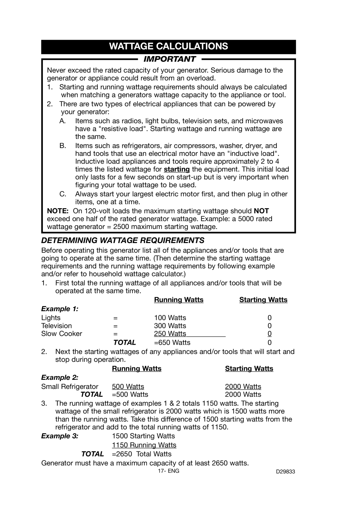 Porter-Cable D29833-038-0 instruction manual Wattage Calculations, Determining Wattage Requirements, Total 