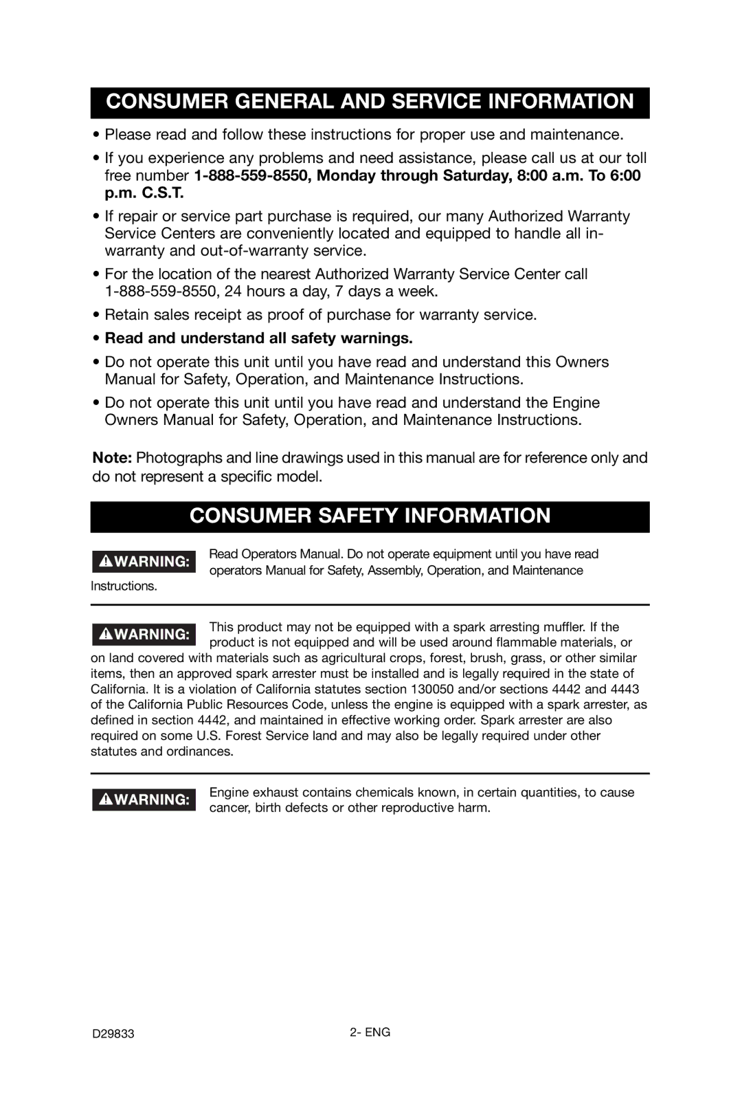 Porter-Cable D29833-038-0 instruction manual Consumer General and Service Information, Consumer Safety Information 