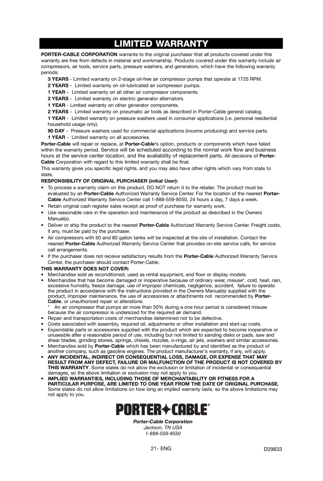 Porter-Cable D29833-038-0 instruction manual Limited Warranty, Responsibility of Original Purchaser initial User 