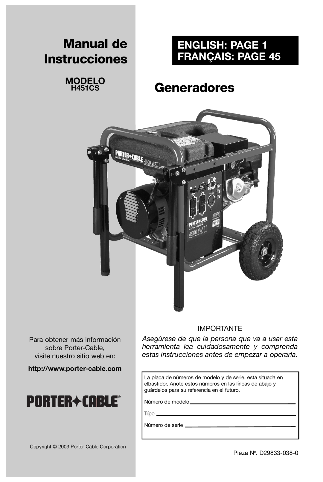 Porter-Cable D29833-038-0 instruction manual Manual de 