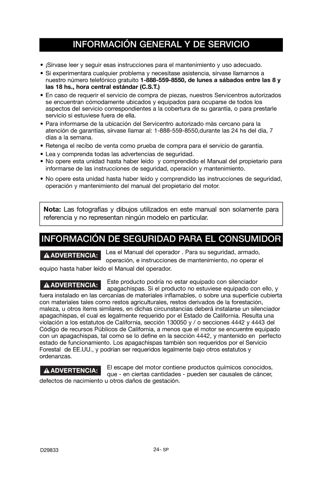 Porter-Cable D29833-038-0 instruction manual Información General Y DE Servicio 