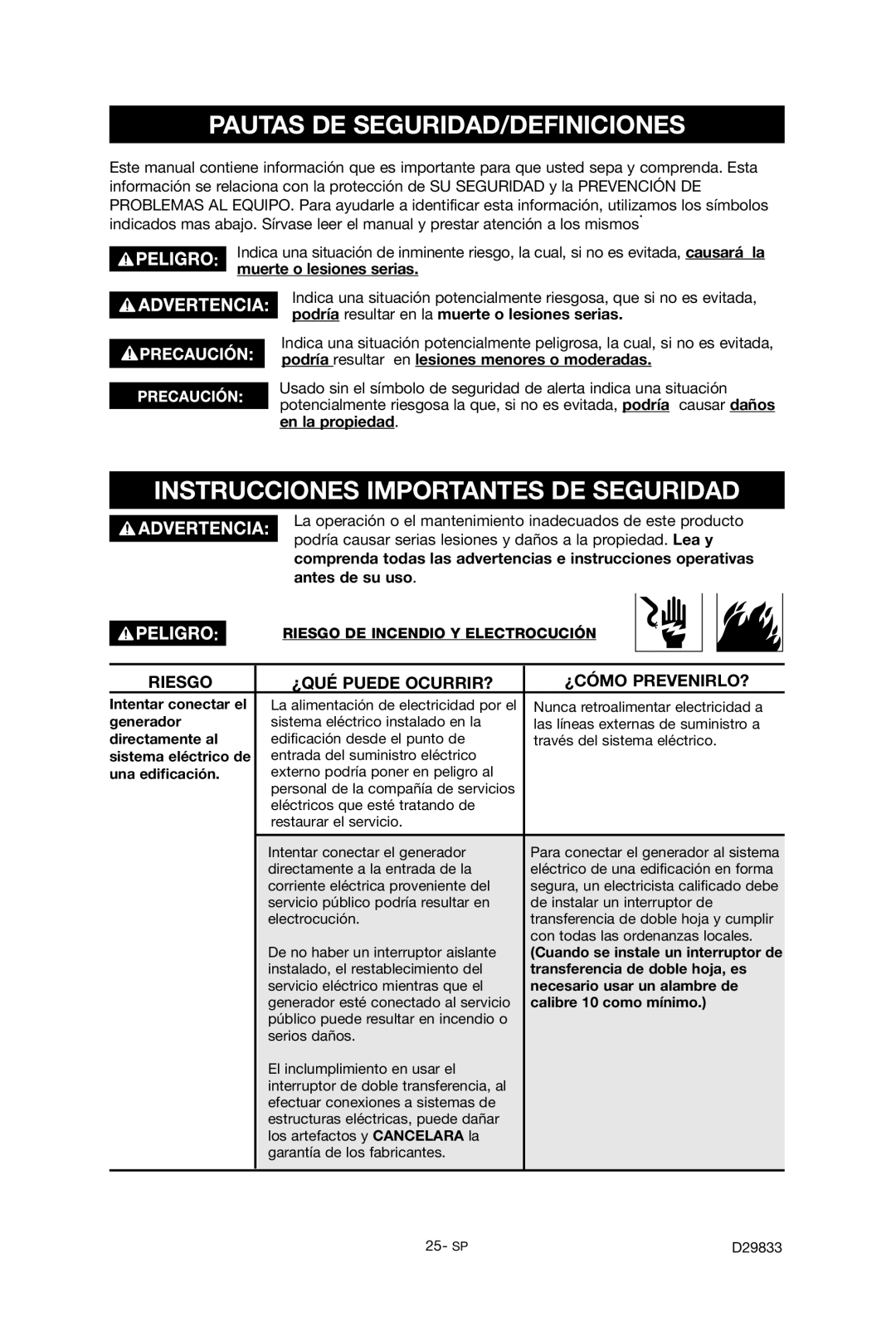 Porter-Cable D29833-038-0 instruction manual Pautas DE SEGURIDAD/DEFINICIONES, Instrucciones Importantes DE Seguridad 