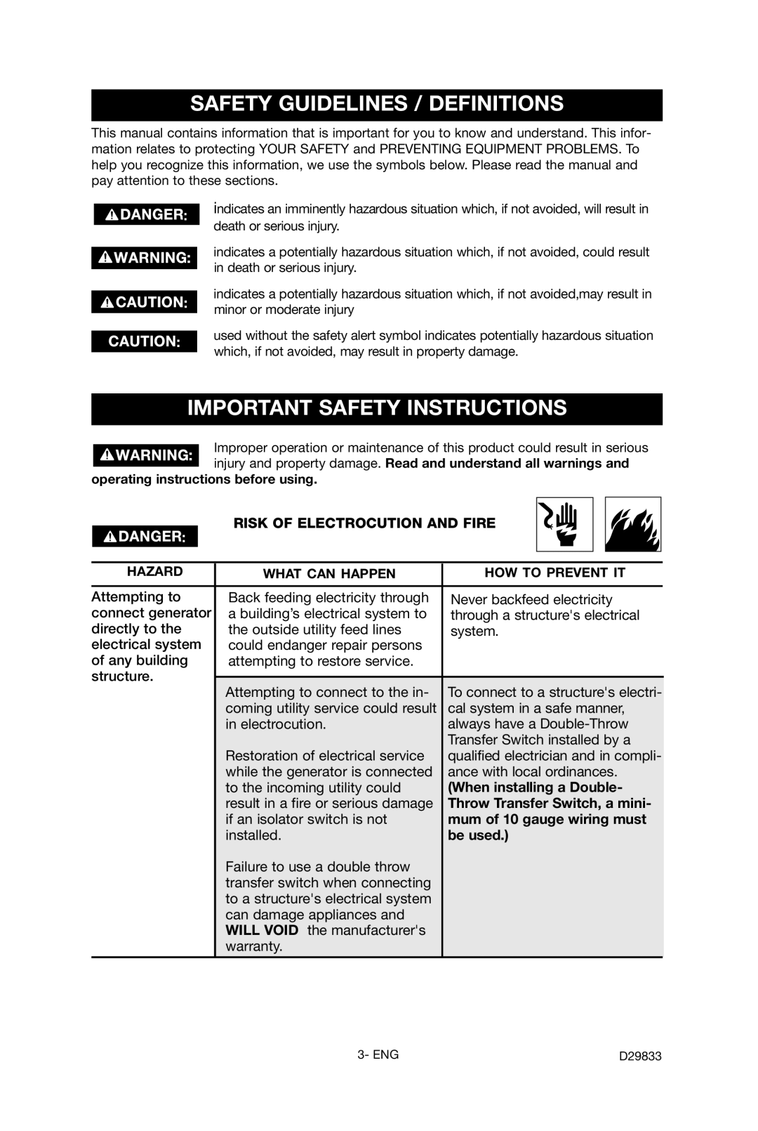 Porter-Cable D29833-038-0 instruction manual Safety Guidelines / Definitions, Important Safety Instructions 