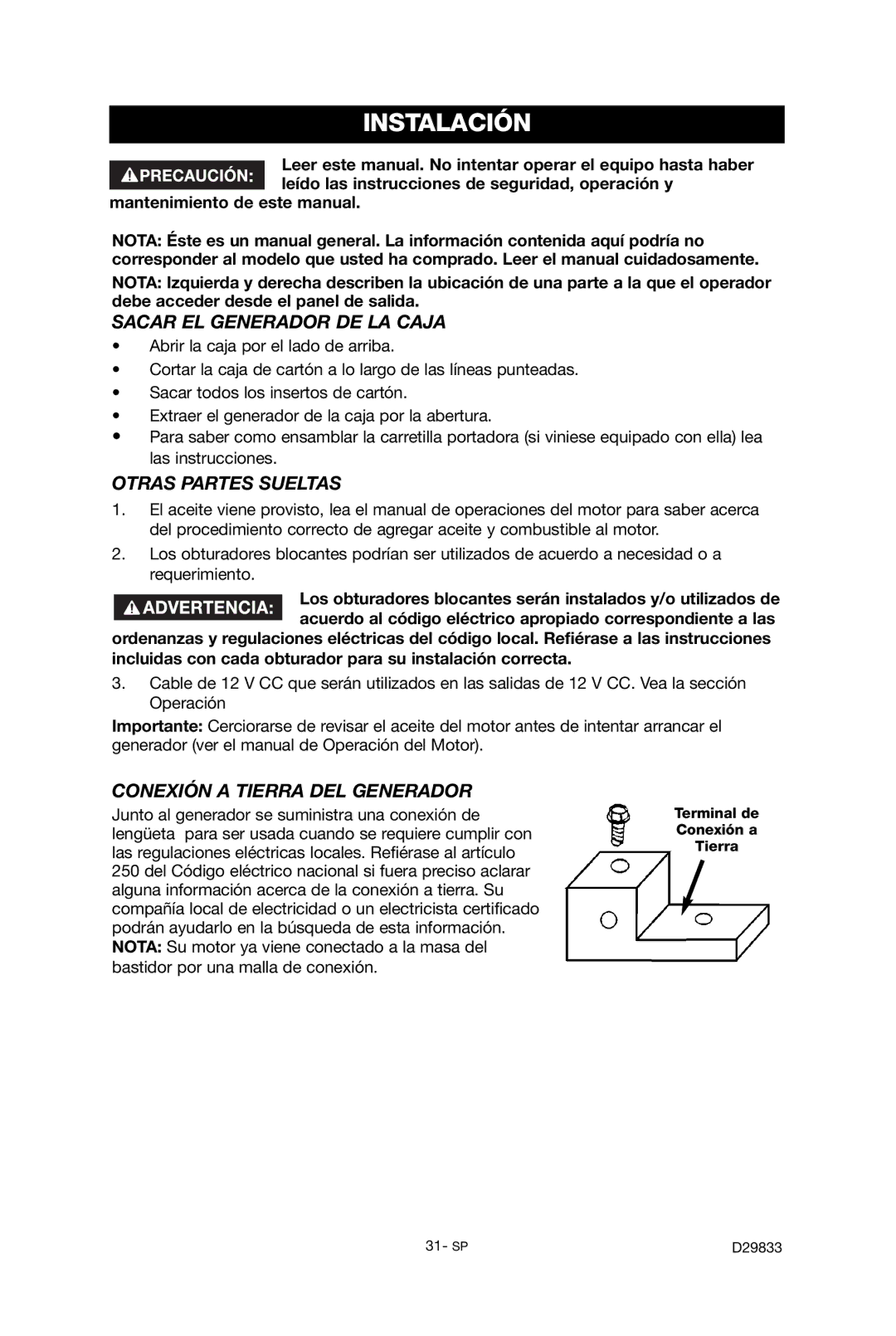 Porter-Cable D29833-038-0 Instalación, Sacar EL Generador DE LA Caja, Otras Partes Sueltas, Terminal de Conexión a Tierra 