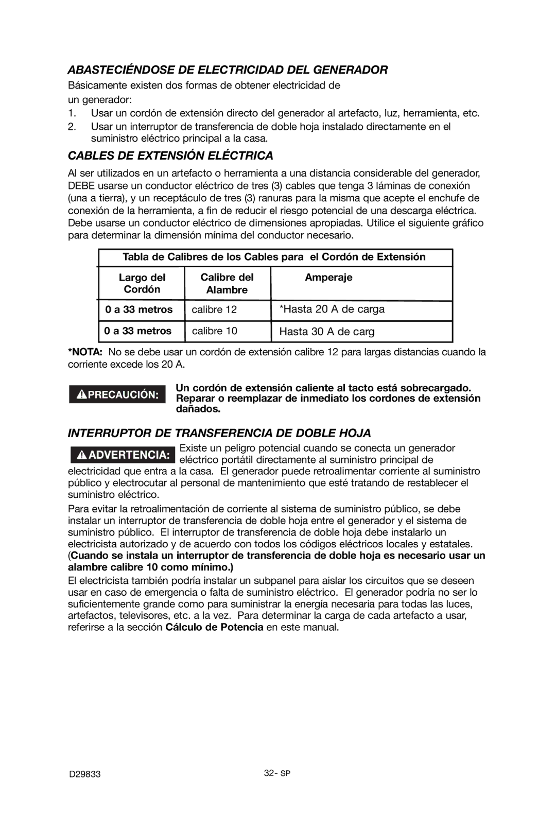 Porter-Cable D29833-038-0 instruction manual Abasteciéndose DE Electricidad DEL Generador, Cables DE Extensión Eléctrica 