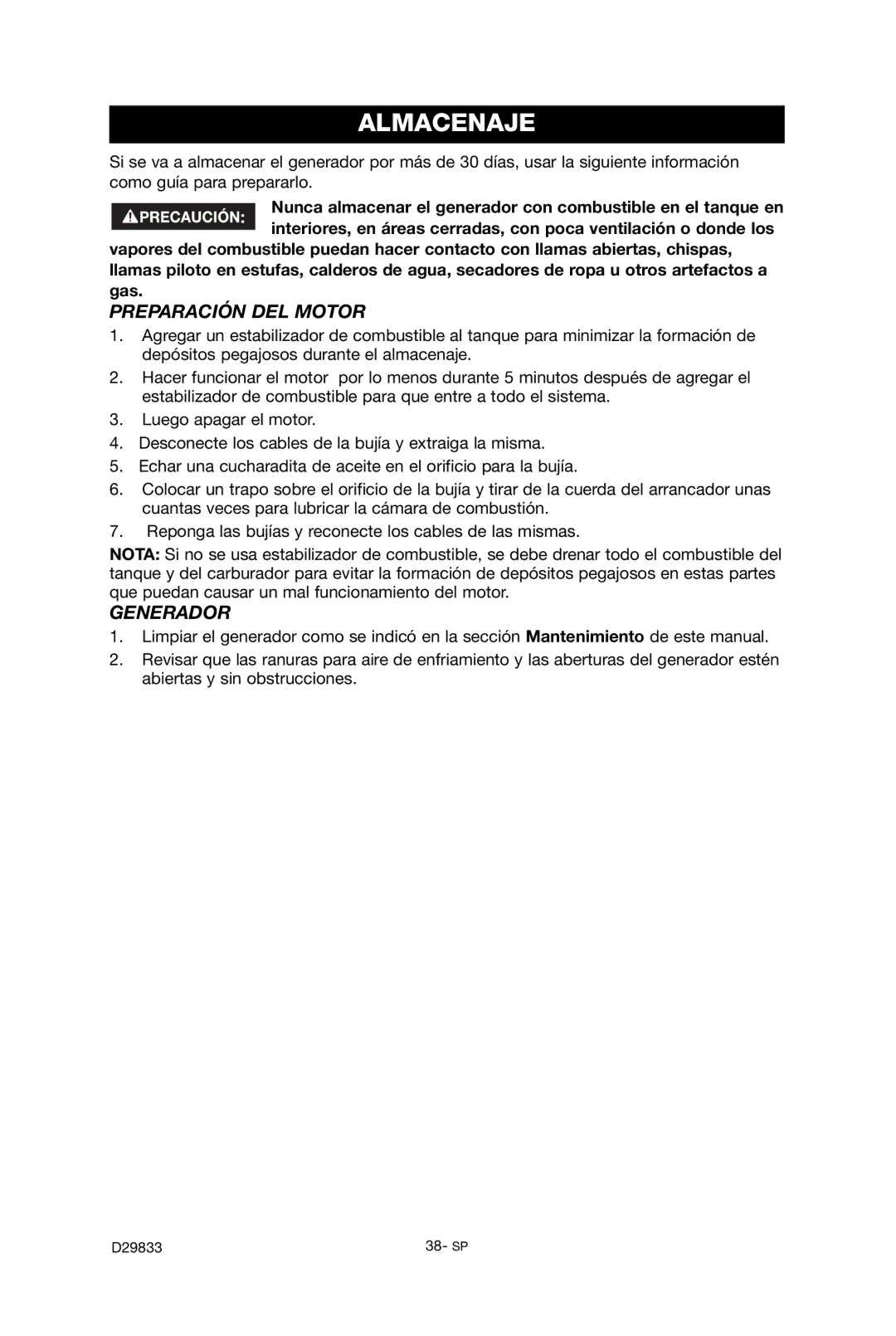 Porter-Cable D29833-038-0 instruction manual Almacenaje, Preparación DEL Motor, Generador 