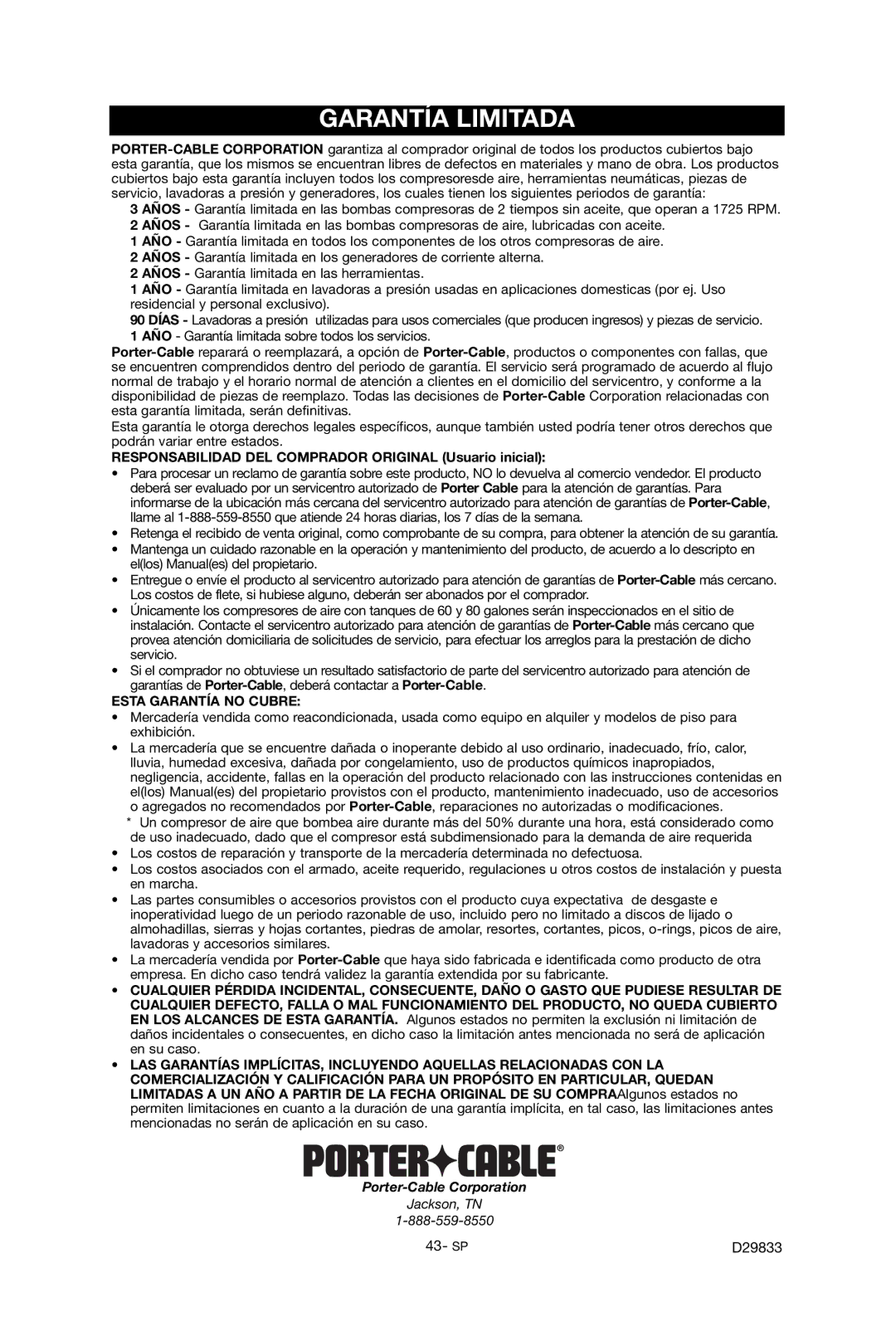 Porter-Cable D29833-038-0 instruction manual Garantía Limitada, Responsabilidad DEL Comprador Original Usuario inicial 