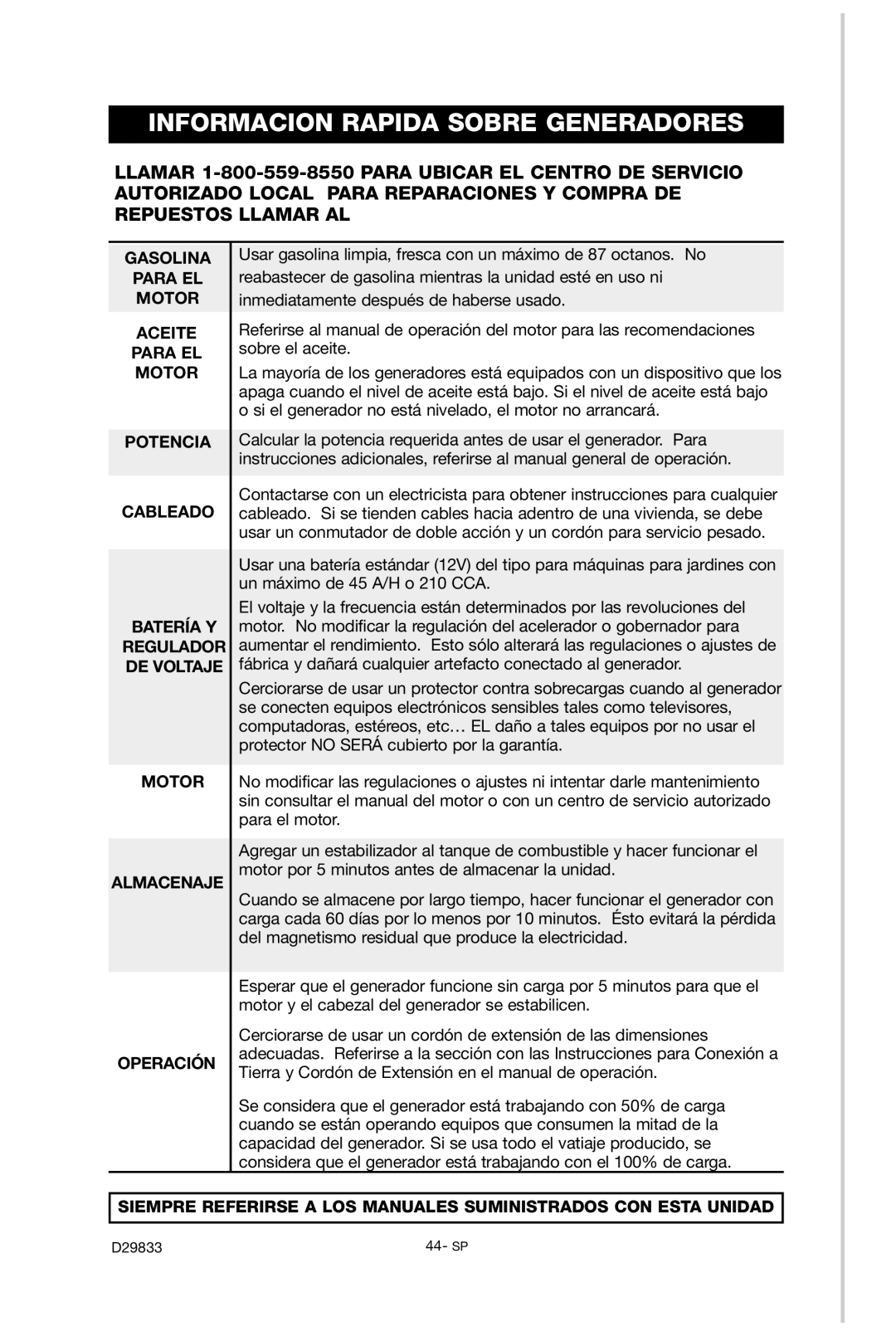 Porter-Cable D29833-038-0 instruction manual Informacion Rapida Sobre Generadores 