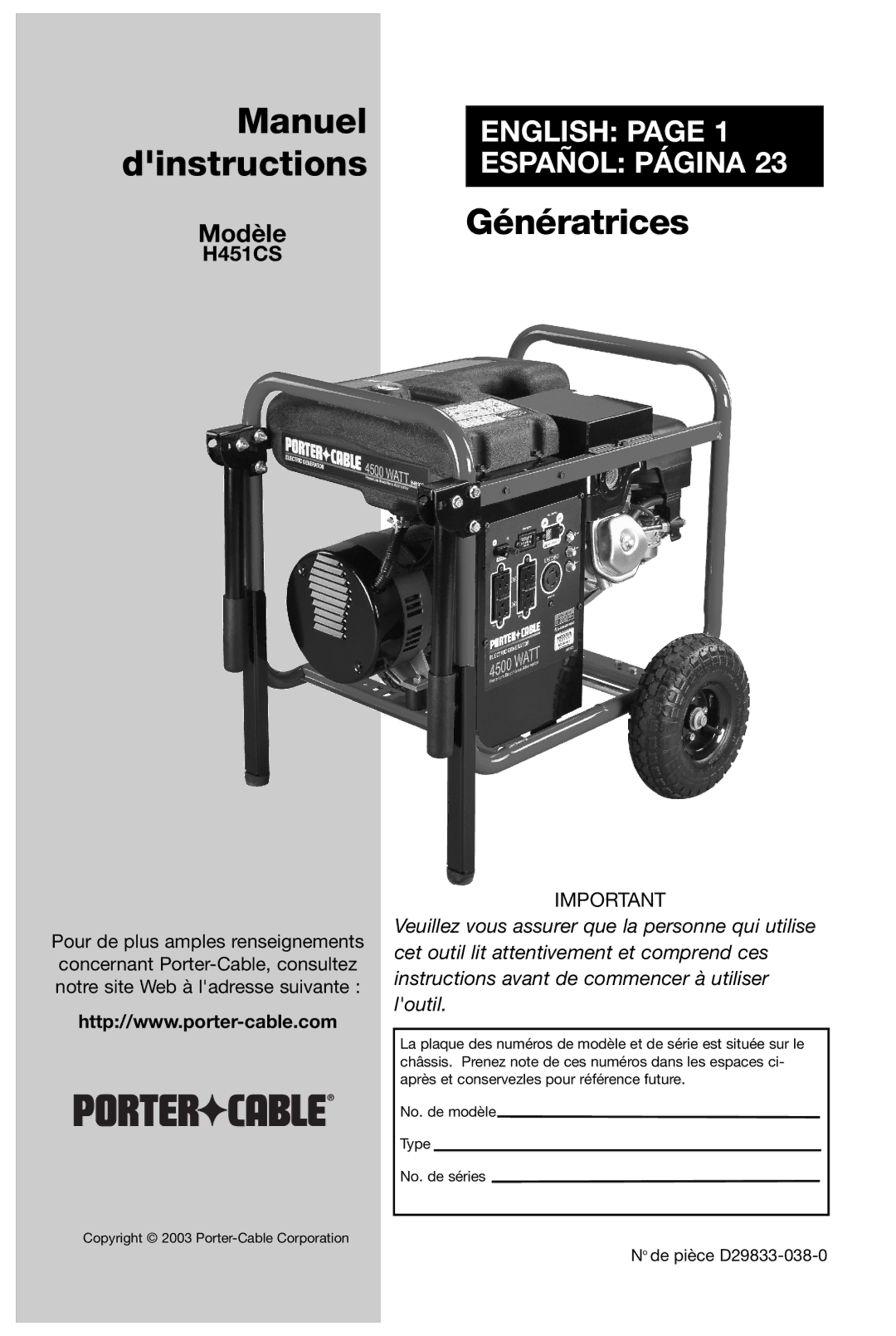 Porter-Cable D29833-038-0 instruction manual Manuel 