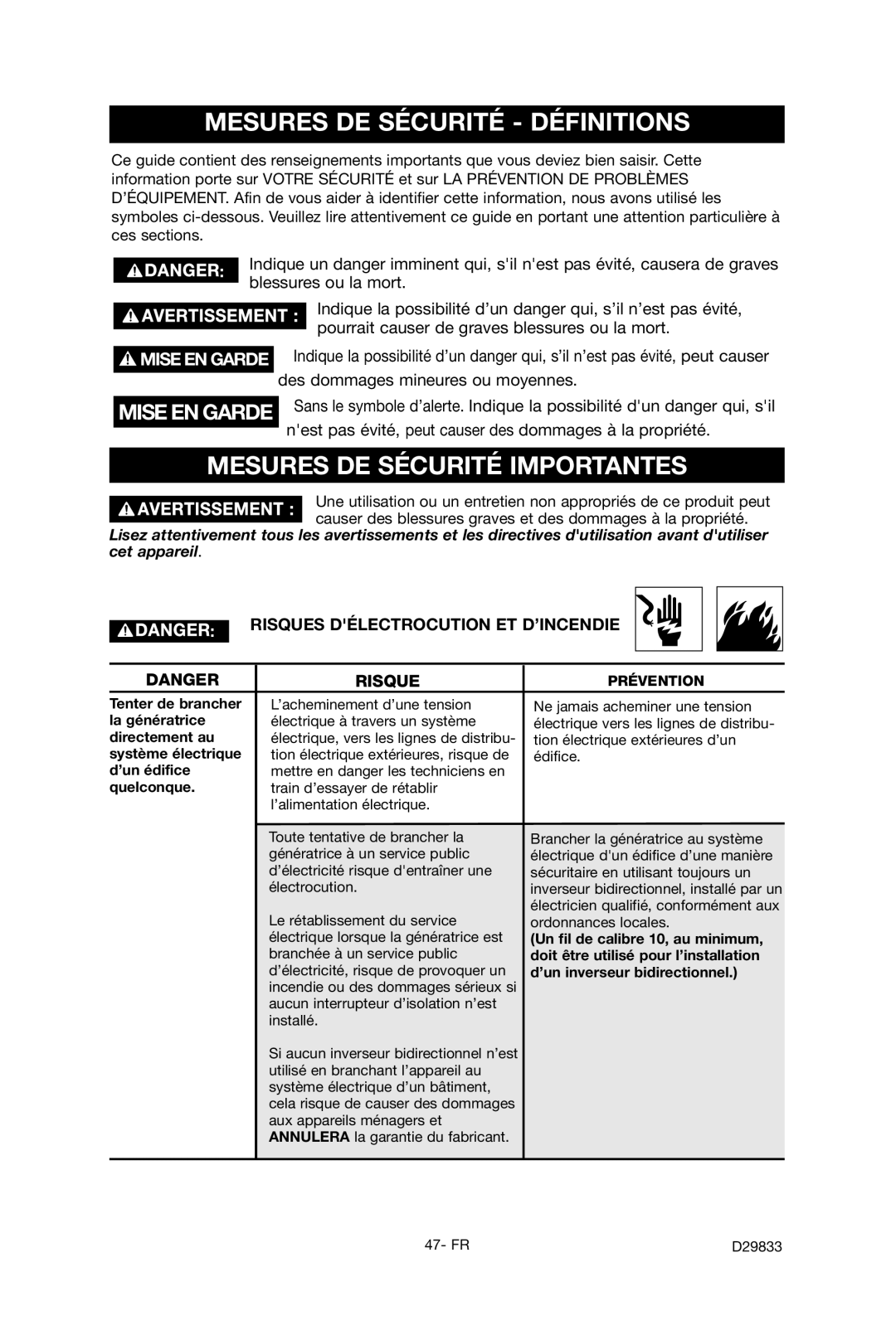 Porter-Cable D29833-038-0 instruction manual Mesures DE Sécurité Définitions, Mesures DE Sécurité Importantes 