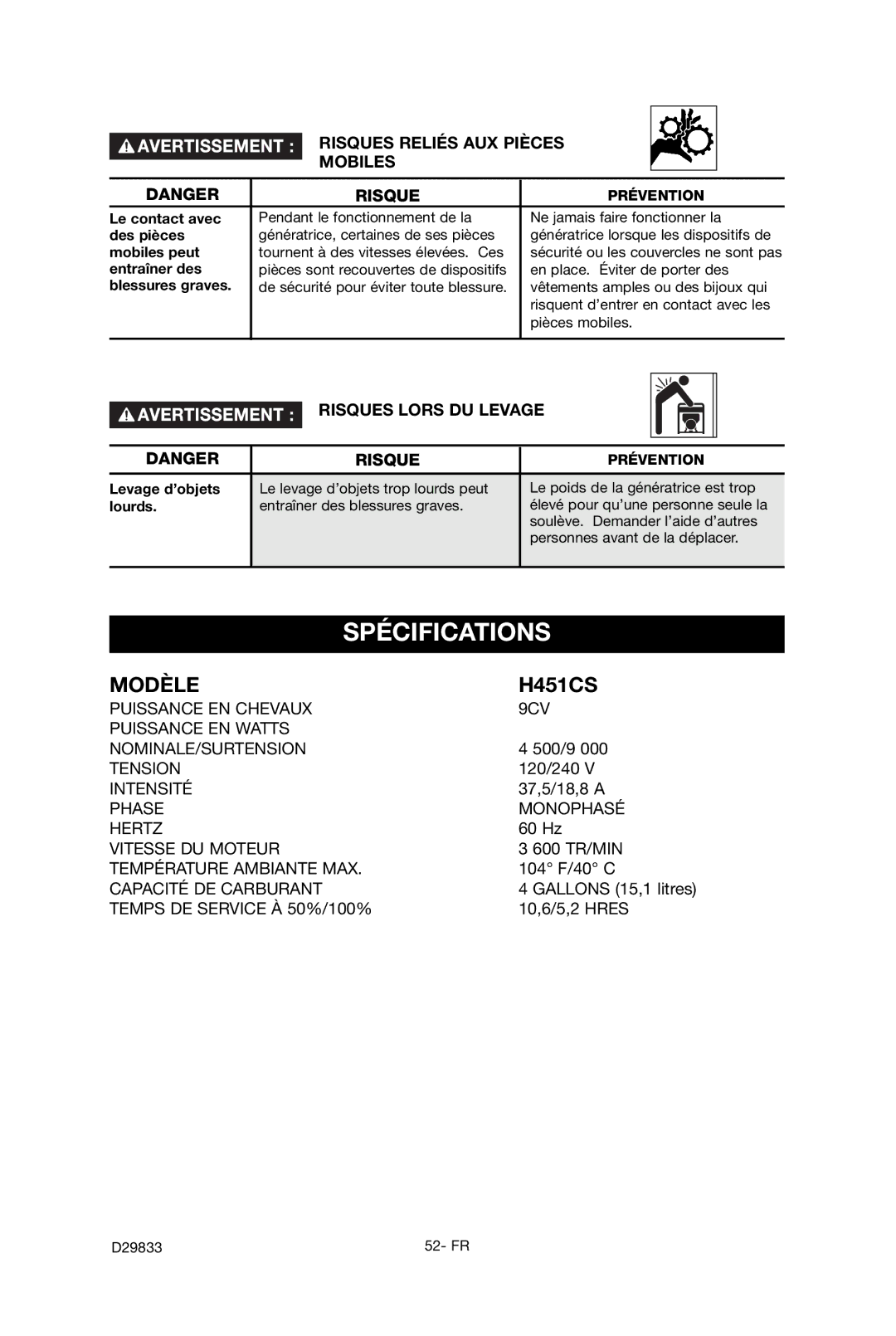 Porter-Cable D29833-038-0 instruction manual Spécifications, Risques Reliés AUX Pièces Mobiles, Risques Lors DU Levage 