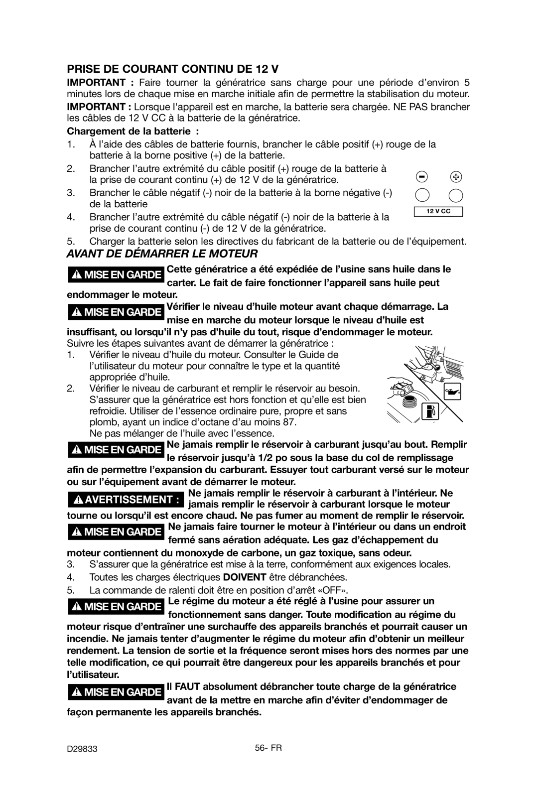 Porter-Cable D29833-038-0 Prise DE Courant Continu DE 12, Avant DE Démarrer LE Moteur, Chargement de la batterie 