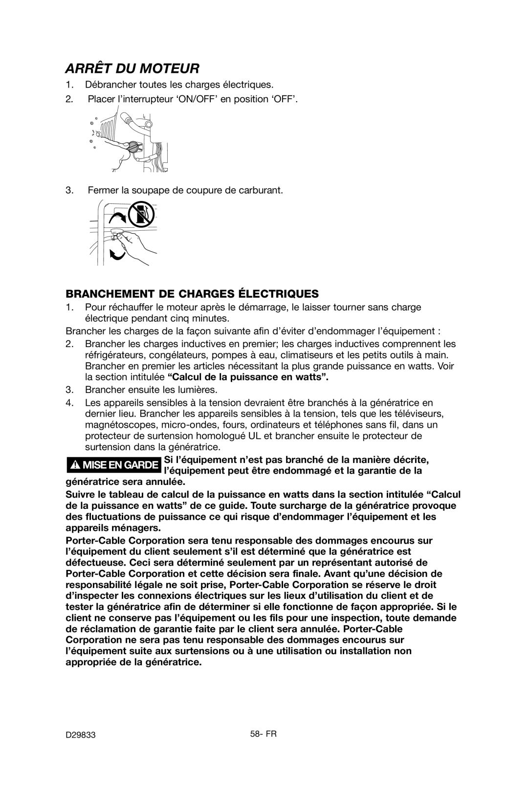 Porter-Cable D29833-038-0 instruction manual Arrêt DU Moteur, Branchement DE Charges Électriques 