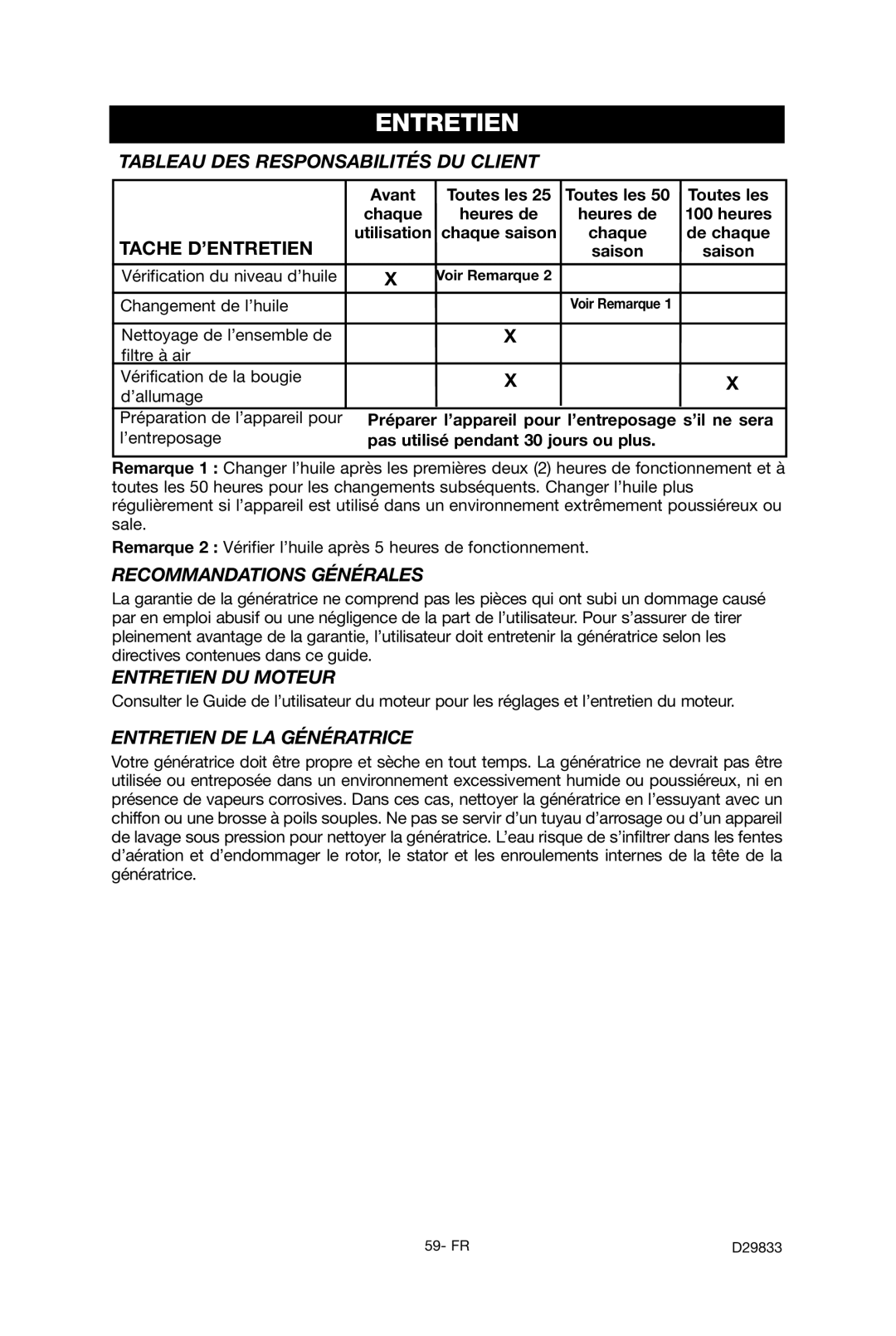 Porter-Cable D29833-038-0 Tableau DES Responsabilités DU Client, Recommandations Générales, Entretien DU Moteur 