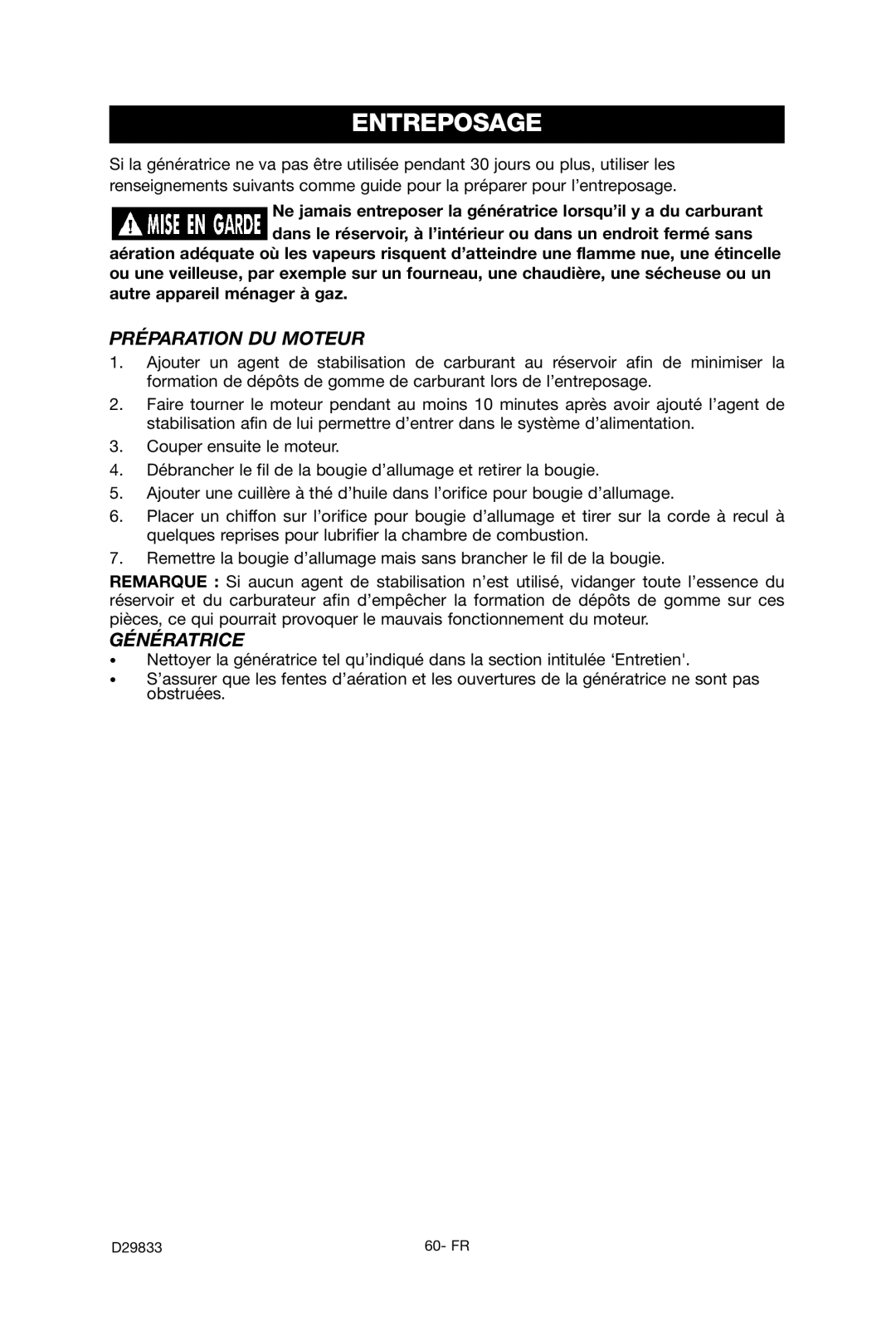 Porter-Cable D29833-038-0 instruction manual Entreposage, Préparation DU Moteur, Génératrice 