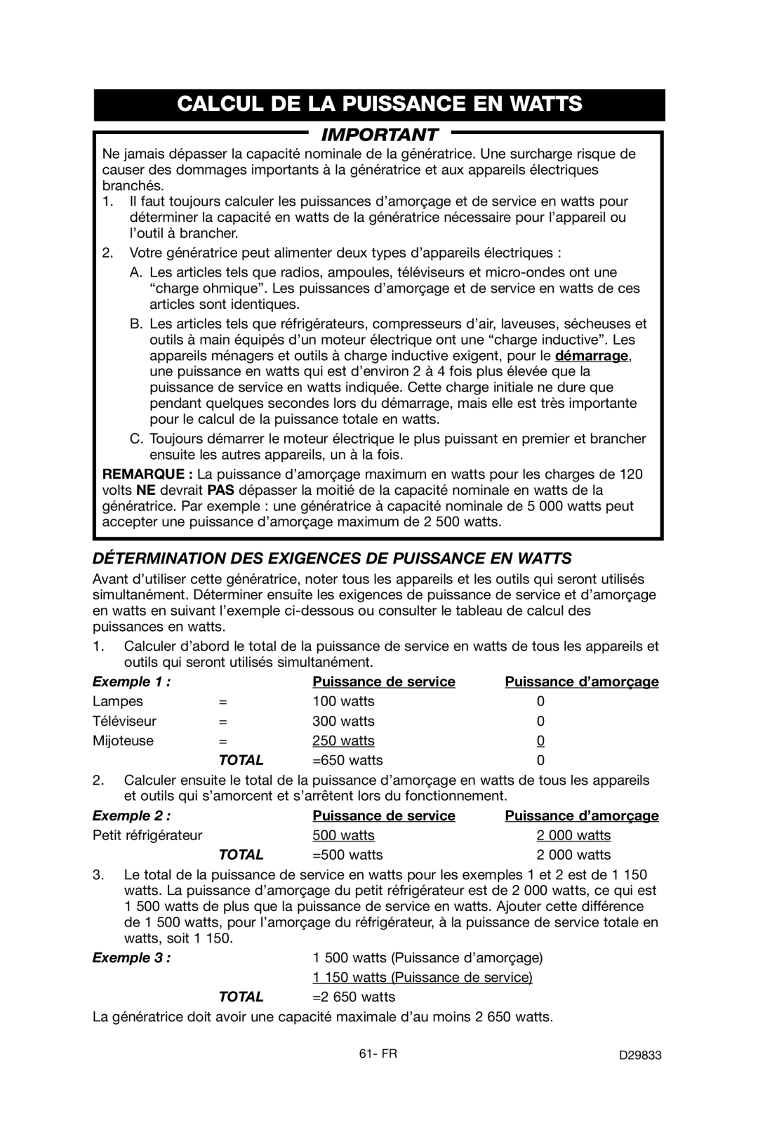 Porter-Cable D29833-038-0 Calcul DE LA Puissance EN Watts, Détermination DES Exigences DE Puissance EN Watts 