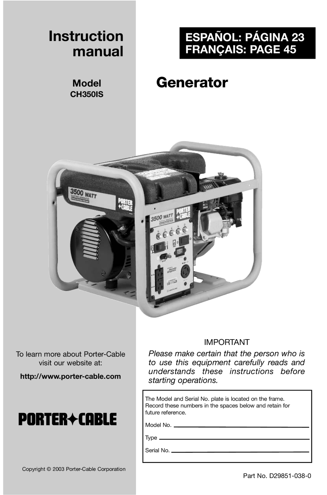 Porter-Cable D29851-038-0 instruction manual Generator 