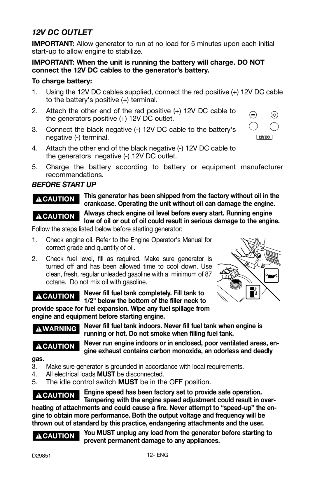 Porter-Cable D29851-038-0 instruction manual 12V DC Outlet, Before Start UP 