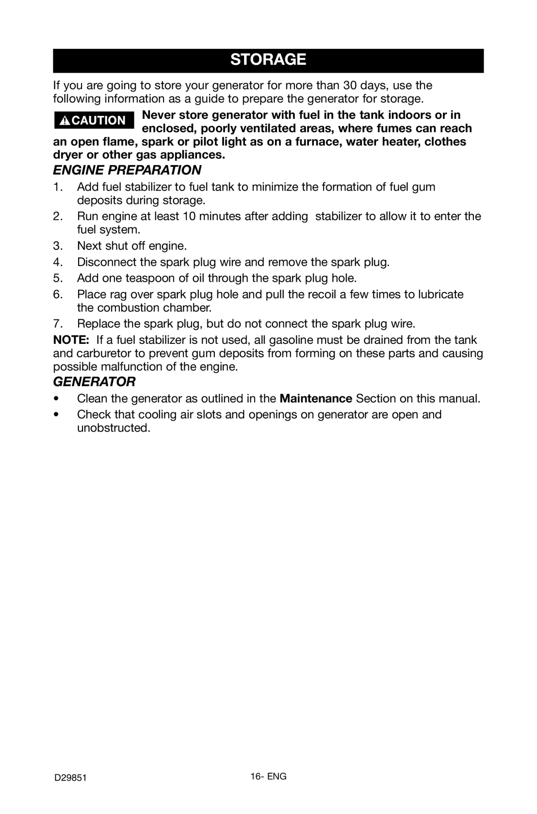 Porter-Cable D29851-038-0 instruction manual Storage, Engine Preparation, Generator 