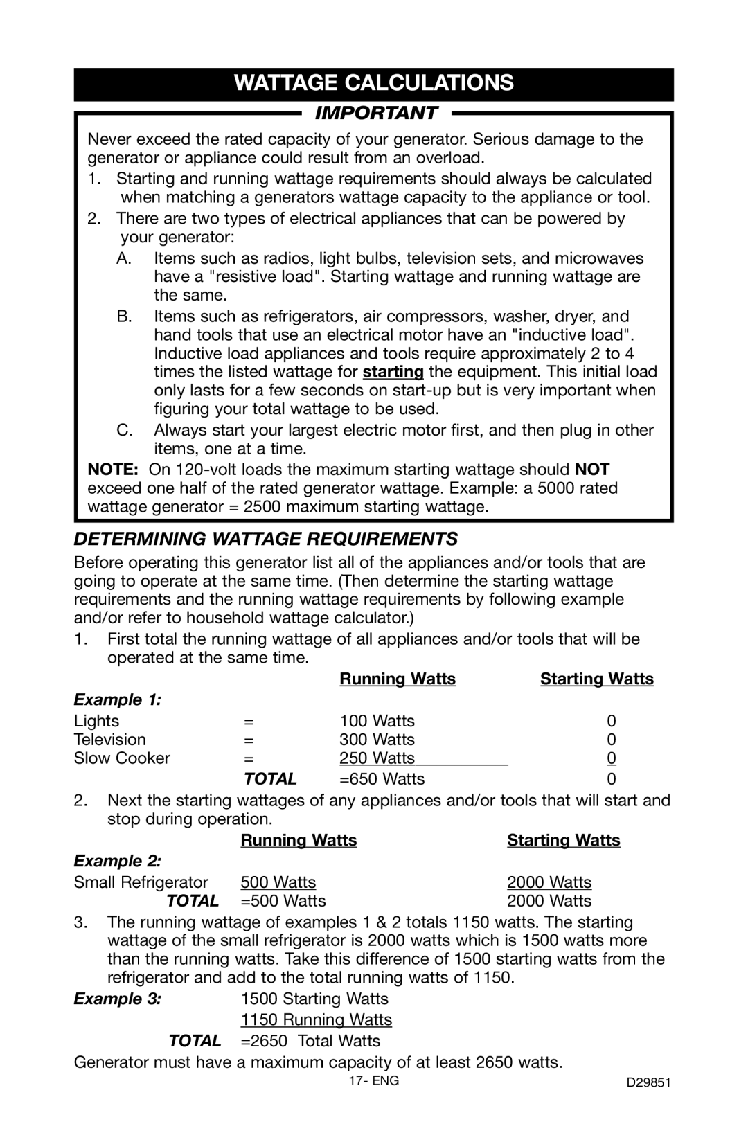 Porter-Cable D29851-038-0 instruction manual Wattage Calculations, Determining Wattage Requirements 