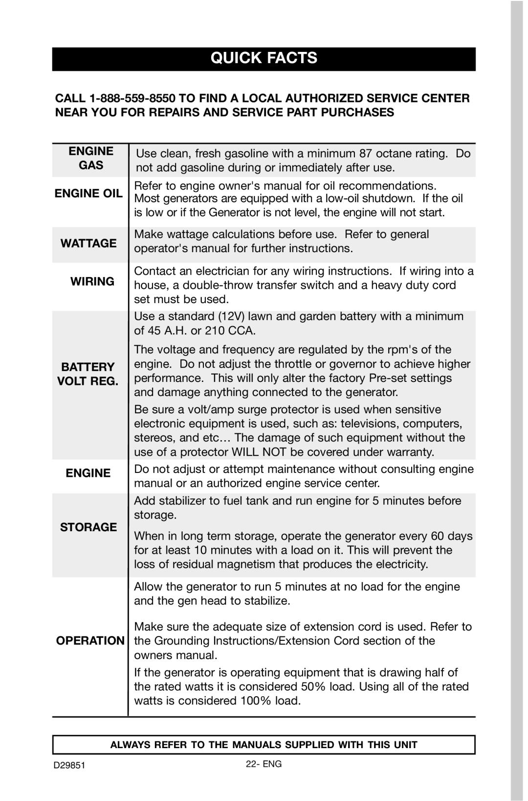 Porter-Cable D29851-038-0 instruction manual Quick Facts 