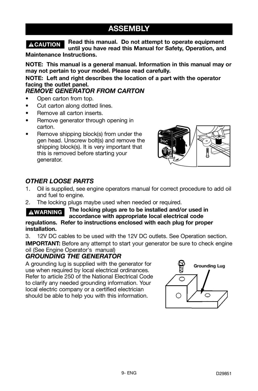 Porter-Cable D29851-038-0 Assembly, Remove Generator from Carton, Other Loose Parts, Grounding the Generator 