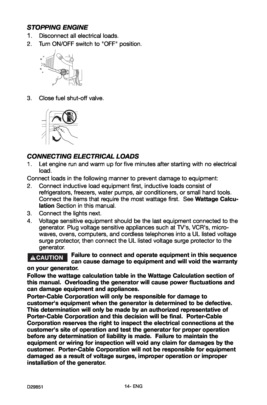 Porter-Cable D29851-038-0 instruction manual Stopping Engine, Connecting Electrical Loads 