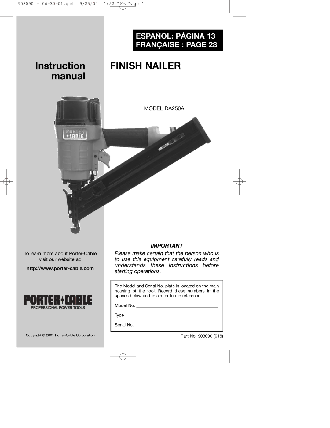 Porter-Cable DA250A instruction manual Finish Nailer 