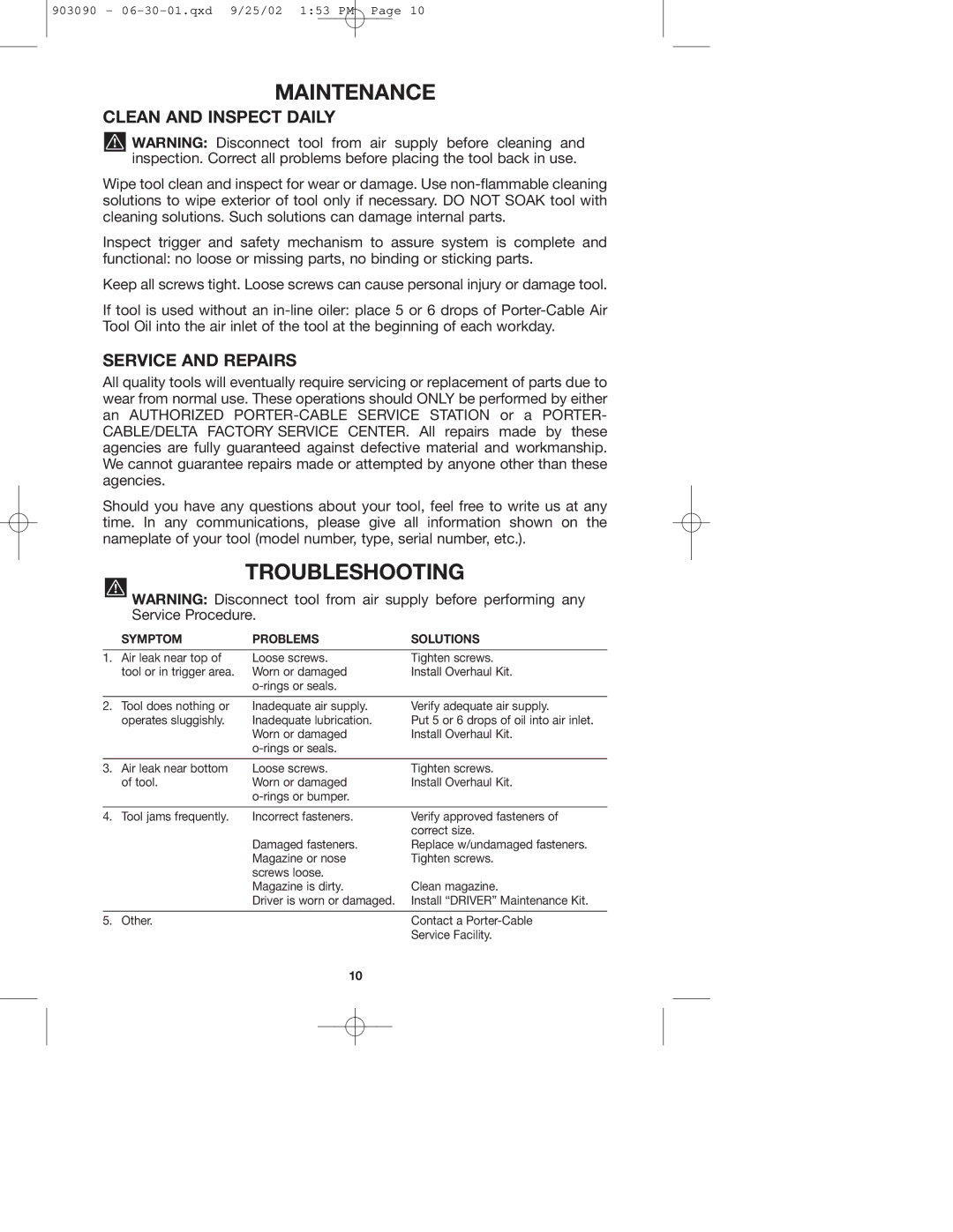 Porter-Cable DA250A instruction manual Maintenance, Troubleshooting, Clean and Inspect Daily, Service and Repairs 