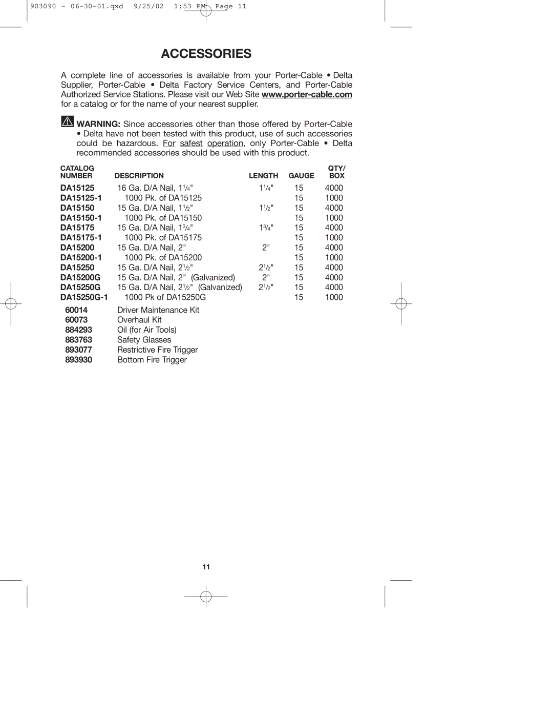 Porter-Cable DA250A instruction manual Accessories 