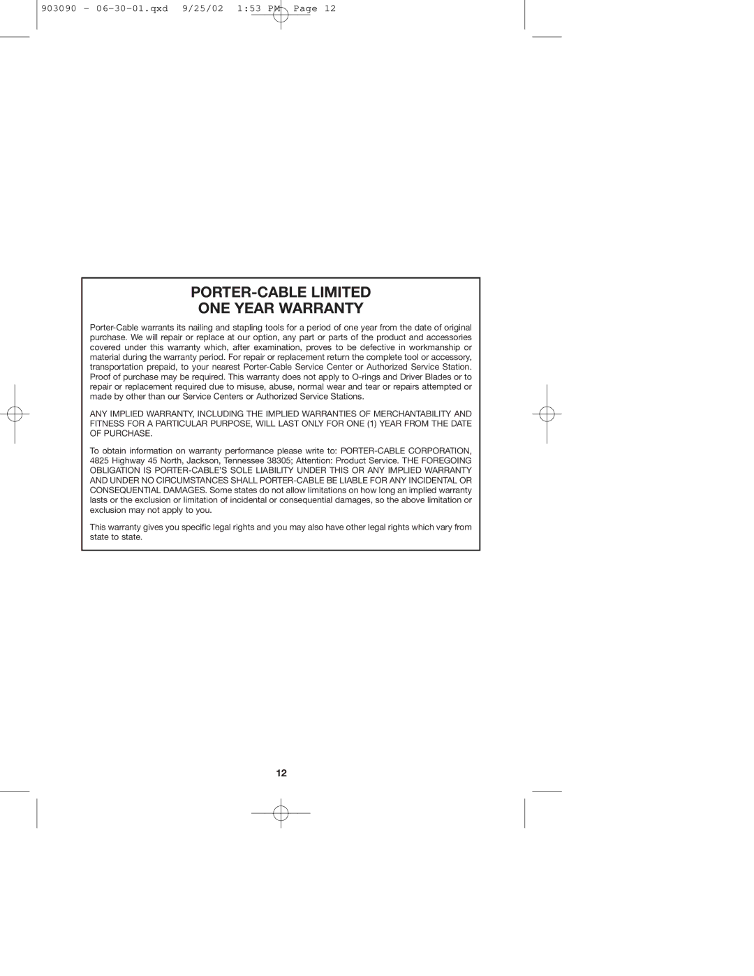 Porter-Cable DA250A instruction manual PORTER-CABLE Limited ONE Year Warranty 