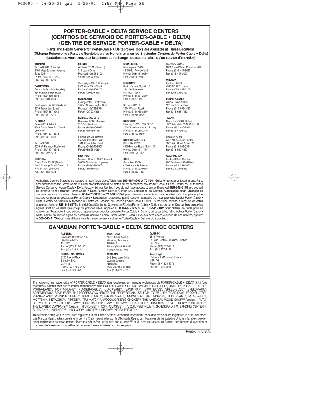 Porter-Cable DA250A instruction manual Canadian PORTER-CABLE Delta Service Centers 