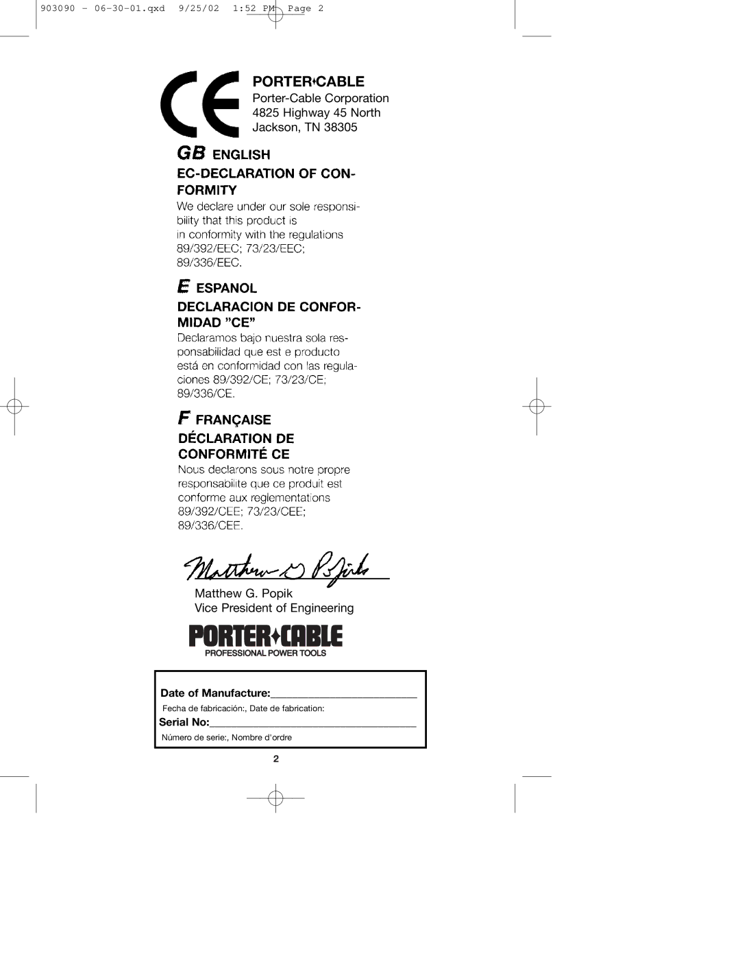 Porter-Cable DA250A instruction manual Portercable 