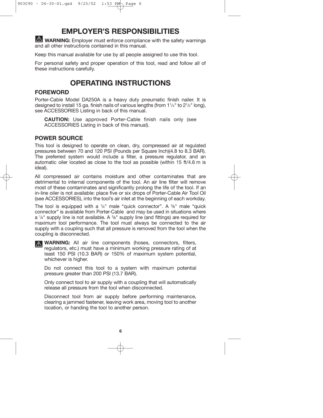 Porter-Cable DA250A instruction manual EMPLOYER’S Responsibilities, Operating Instructions, Foreword, Power Source 