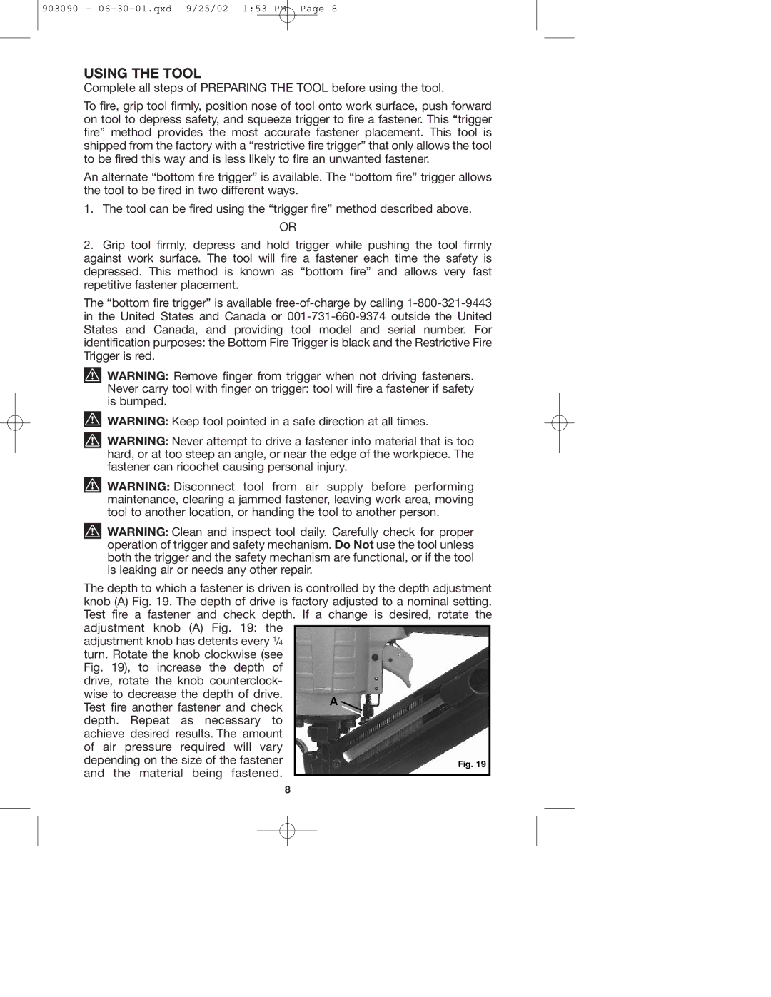 Porter-Cable DA250A instruction manual Using the Tool 