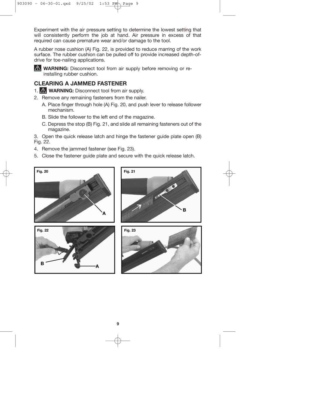 Porter-Cable DA250A instruction manual Clearing a Jammed Fastener 