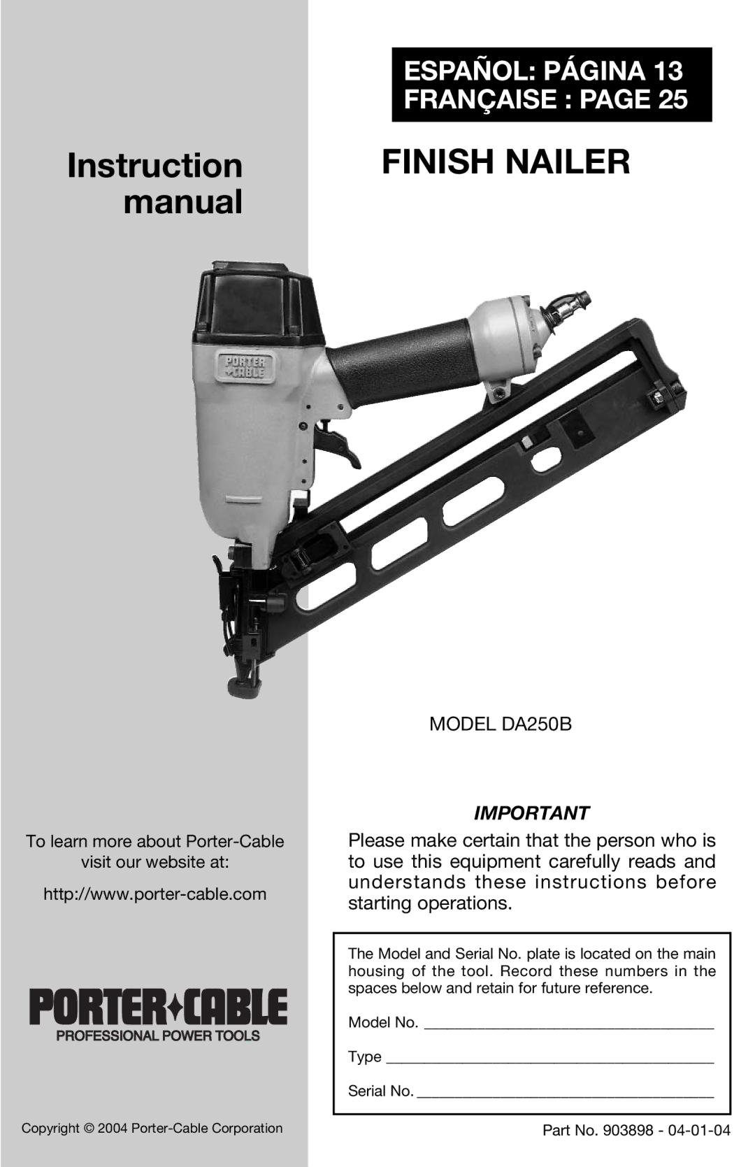 Porter-Cable DA250B instruction manual Finish Nailer 