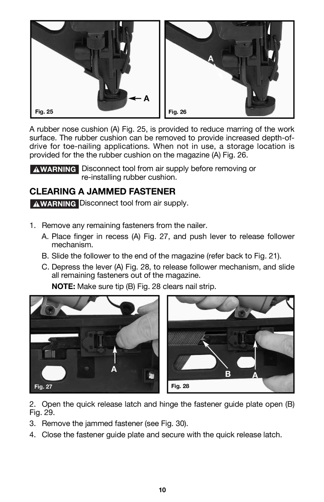 Porter-Cable DA250B instruction manual Clearing a Jammed Fastener 