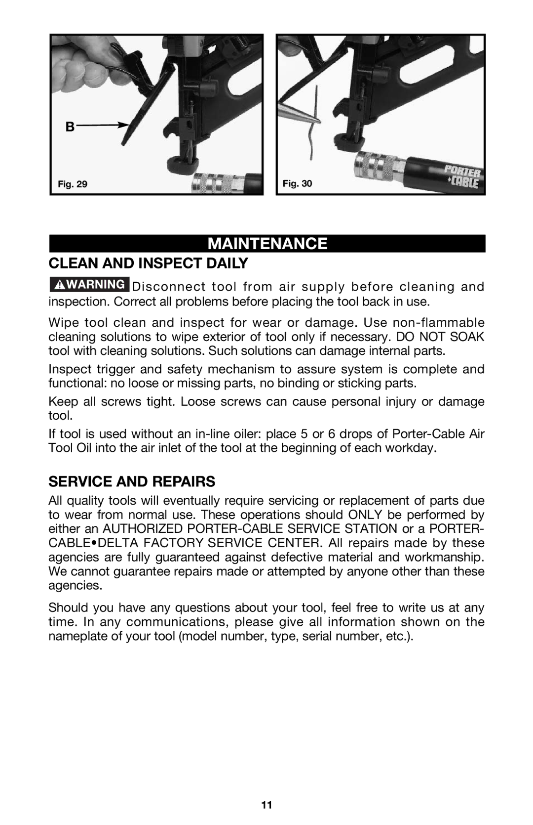 Porter-Cable DA250B instruction manual Maintenance, Clean and Inspect Daily, Service and Repairs 